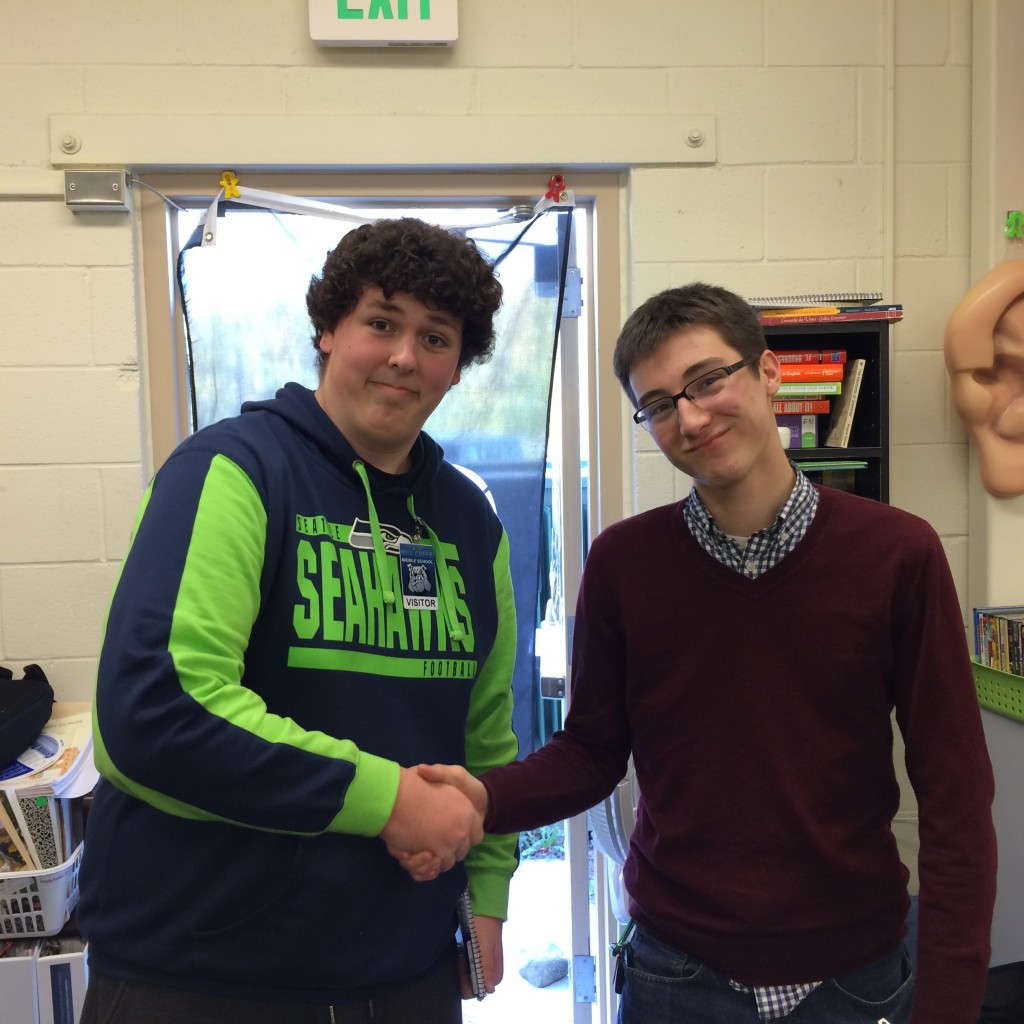 Daniel and his friend Nate at my school, job shadowing teachers. My son would be an amazing teacher, and I hope he considers this path.