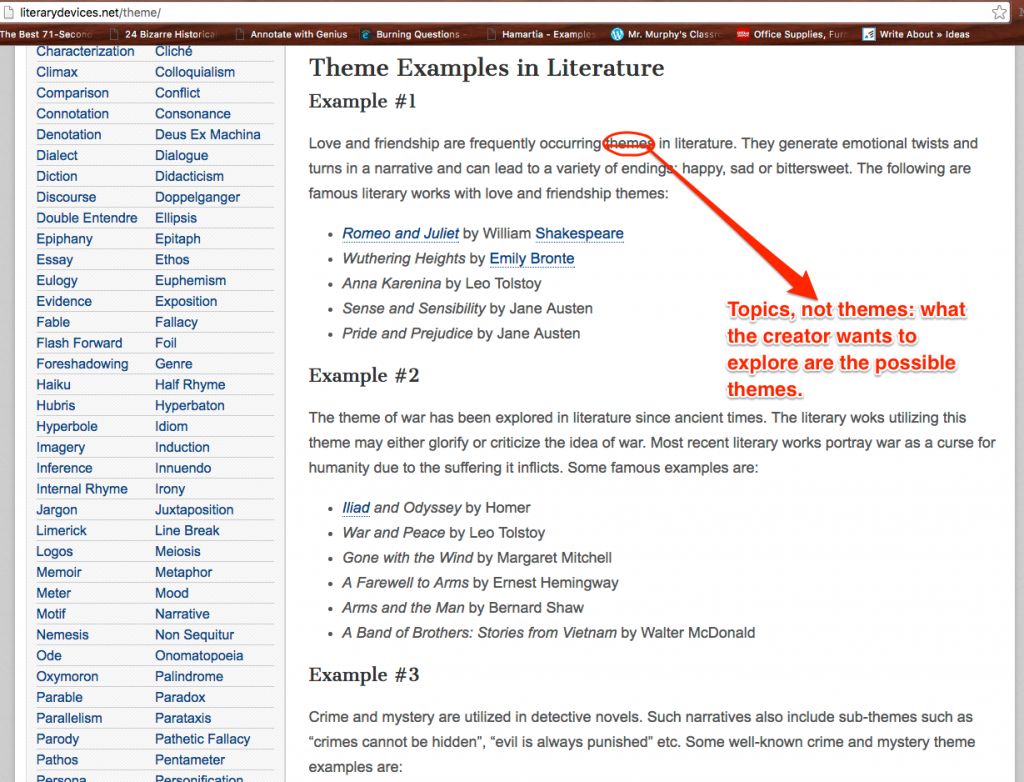 This site does a solid job of discussing literary devices. I only take exception with calling topics themes.